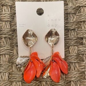NWT A New Day Gold and Vibrant Orange Leaf Earrings